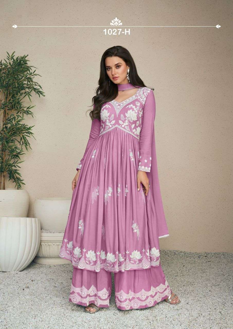 LAKHNAVI VOL HIT LIST  HEAVY REYON WHITE THREAD WORK NAURA CUT KURTI WITH PLAZZO AND NAZMIN DUPATTA BY VAMIKA BRAND 1027 H